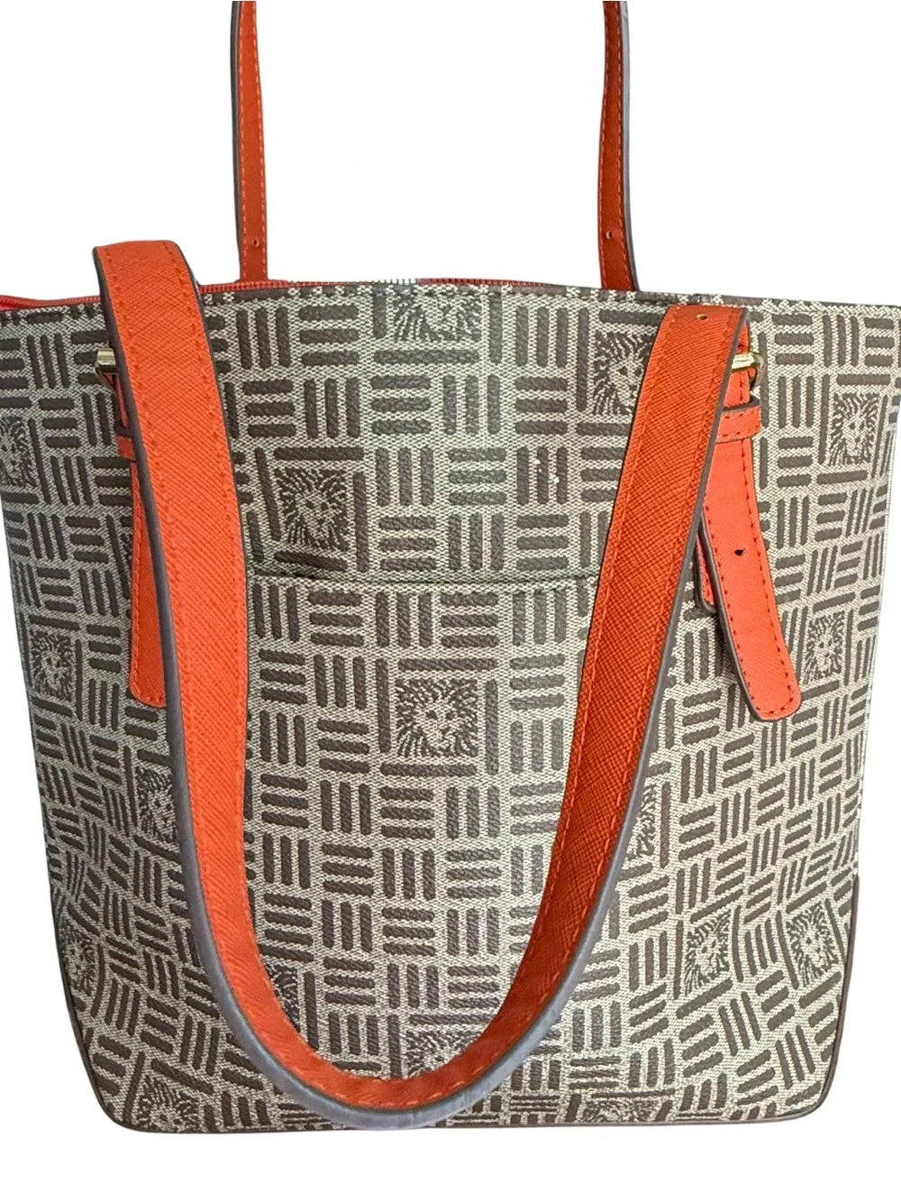 Anne Klein Brown Logo Monogram Tote Bag Orange Trim Shoulder Purse